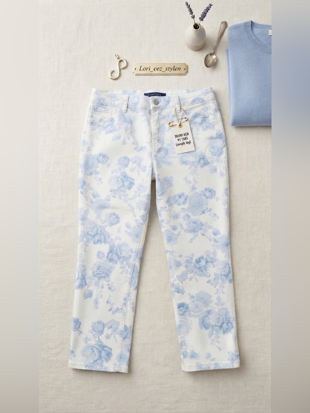 Chico's White Skinny Jeans with Light Blue Floral Print